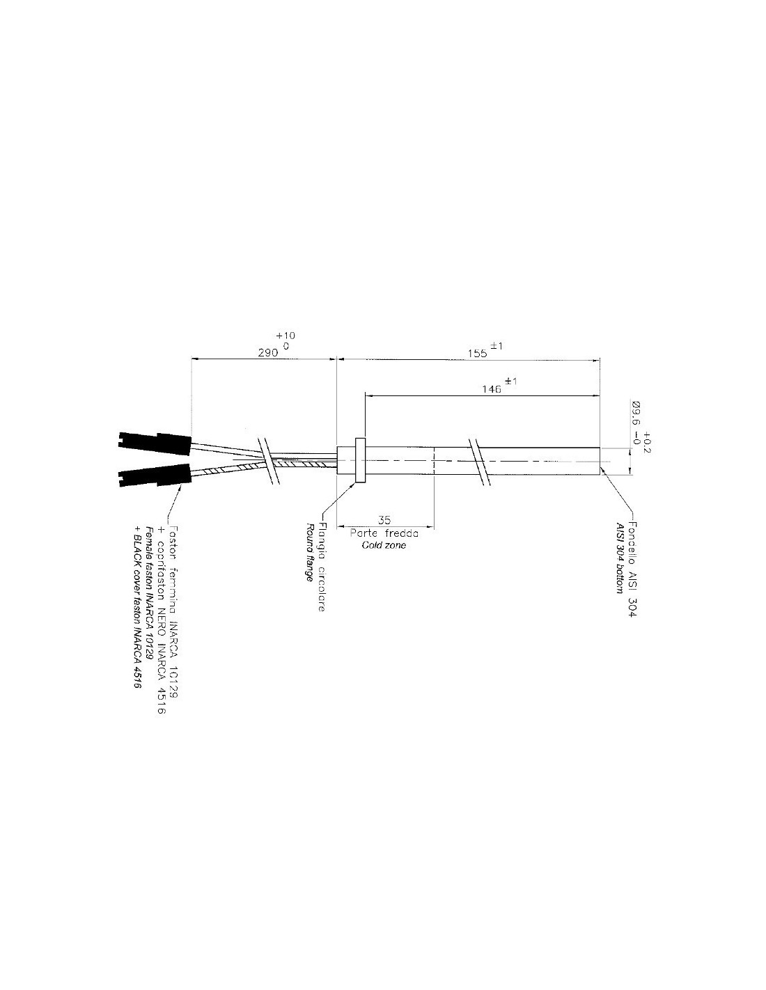 Resistencia estufa pellet Sin rosca Diámetro 9,5 mm Longitud 140 mm  Potencia 250 w